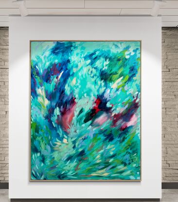 Deep greens and blues, with hints of coral and rocks, covered in a veneer of lighter ocean coloured brush strokes, in a Rhythmic composition, emulating the movement of the ocean.