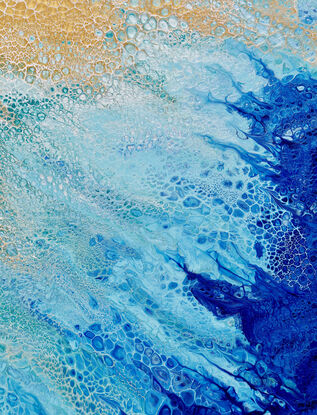 ABSTRACT painting that gives the impression of soothing ocean waves lapping in to soft sandy beach with slow easy waves creating crests of white..   The intricate mosaic pattern within the tonal greens. acquamarine and blue huesplus the glimmering metallics adds added interest and intrigue.
The closer you get to the painting the more of the interesting details and patterns you can see. Metallics add an extra depth because the painting changes personality when one views from different angles.
although it is an impressionistic abstract, it still has a sense of motion of waves moving and frothing white bubbling seafoam!