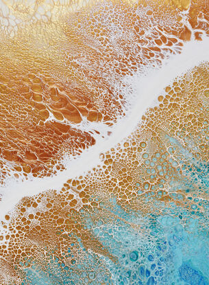 ABSTRACT painting that gives the impression of soothing ocean waves lapping in to soft sandy beach with slow easy waves creating crests of white..   The intricate mosaic pattern within the tonal greens. acquamarine and blue huesplus the glimmering metallics adds added interest and intrigue.
The closer you get to the painting the more of the interesting details and patterns you can see. Metallics add an extra depth because the painting changes personality when one views from different angles.
although it is an impressionistic abstract, it still has a sense of motion of waves moving and frothing white bubbling seafoam!