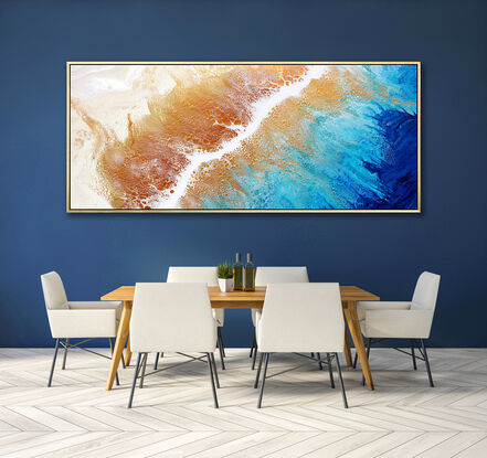 ABSTRACT painting that gives the impression of soothing ocean waves lapping in to soft sandy beach with slow easy waves creating crests of white..   The intricate mosaic pattern within the tonal greens. acquamarine and blue huesplus the glimmering metallics adds added interest and intrigue.
The closer you get to the painting the more of the interesting details and patterns you can see. Metallics add an extra depth because the painting changes personality when one views from different angles.
although it is an impressionistic abstract, it still has a sense of motion of waves moving and frothing white bubbling seafoam!