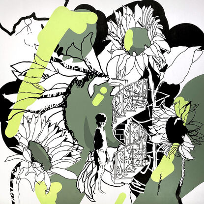 Extra Large black line art, giant sunflowers with an urban pop art feel.