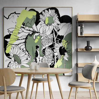 Extra Large black line art, giant sunflowers with an urban pop art feel.