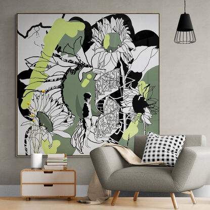 Extra Large black line art, giant sunflowers with an urban pop art feel.