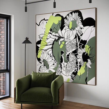 Extra Large black line art, giant sunflowers with an urban pop art feel.