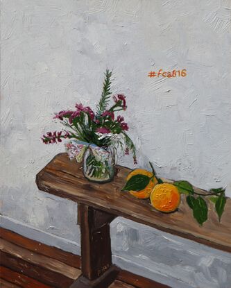 Impressionistic painting of an interior showing a white wall, wooden floorboards, a wooden church style bench which has a jar of flowers and oranges sitting on it. On the wall is #fca816 in orange text.