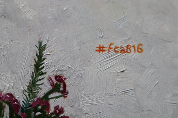 Impressionistic painting of an interior showing a white wall, wooden floorboards, a wooden church style bench which has a jar of flowers and oranges sitting on it. On the wall is #fca816 in orange text.