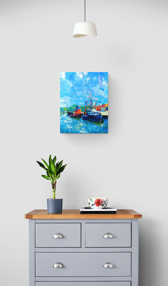  North Atlantic coast seascape with a tugboat in the harbor. This is an etude of the harbor in the city of New Bedford, Massachusetts - the city where HERMAN MELVILLE wrote "Moby-Dick". Heavy impasto. 