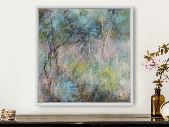 Small square abstract impressionist landscape by Australian artist Victoria Collins. Shows dry grassy scrub with magenta wildflowers dotted through the bush, with olive green shrubbery and beige. 