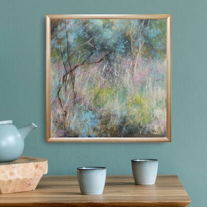 Small square abstract impressionist landscape by Australian artist Victoria Collins. Shows dry grassy scrub with magenta wildflowers dotted through the bush, with olive green shrubbery and beige. 