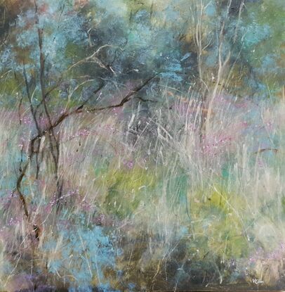 Small square abstract impressionist landscape by Australian artist Victoria Collins. Shows dry grassy scrub with magenta wildflowers dotted through the bush, with olive green shrubbery and beige. 