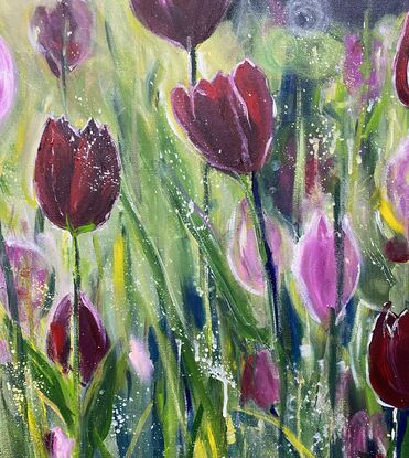 Glowing dark red tulips and bright pink tulips dancing in a breeze with the sun shining behind them and gently caressing the petals and stalks. This is a happy calming painting that warms your heart and will bring nature and positivity into your home. Captured moments of beauty untouched and glowing with light. 

This is an artwork with impact and statement and would be enhanced with a natural wood frame to add interest and beauty to your home however it is finished around the sides and ready to hang without the expense of a frame. 