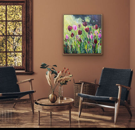 Glowing dark red tulips and bright pink tulips dancing in a breeze with the sun shining behind them and gently caressing the petals and stalks. This is a happy calming painting that warms your heart and will bring nature and positivity into your home. Captured moments of beauty untouched and glowing with light. 

This is an artwork with impact and statement and would be enhanced with a natural wood frame to add interest and beauty to your home however it is finished around the sides and ready to hang without the expense of a frame. 