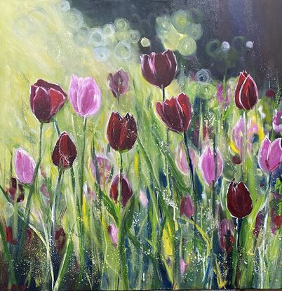 Glowing dark red tulips and bright pink tulips dancing in a breeze with the sun shining behind them and gently caressing the petals and stalks. This is a happy calming painting that warms your heart and will bring nature and positivity into your home. Captured moments of beauty untouched and glowing with light. 

This is an artwork with impact and statement and would be enhanced with a natural wood frame to add interest and beauty to your home however it is finished around the sides and ready to hang without the expense of a frame. 