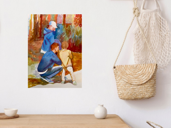 An artwork showing a family with the father crouching down showing his young son something whilst the mother looks on.