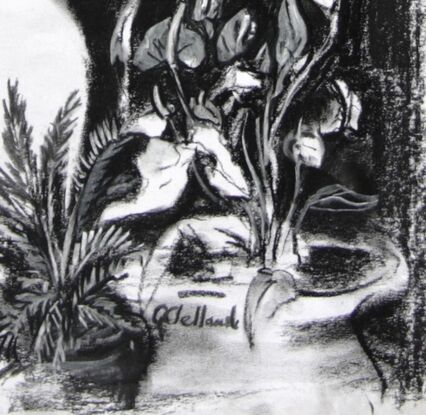 drawing of Female figure surrounded by plants in black and white. 