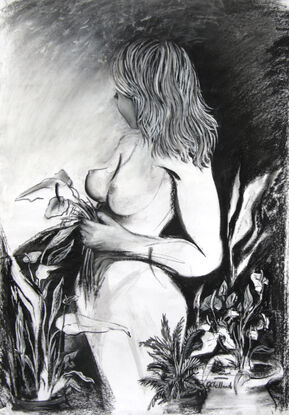 drawing of Female figure surrounded by plants in black and white. 