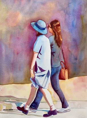 An artwork showing an Australian High School schoolgirl walking along after school with her mother wearing her school hat.