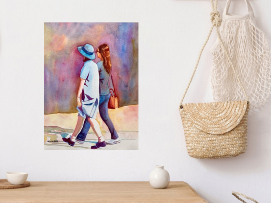 An artwork showing an Australian High School schoolgirl walking along after school with her mother wearing her school hat.