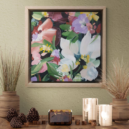 small burgundy, pink, white and green abstract flower painting with an oak frame