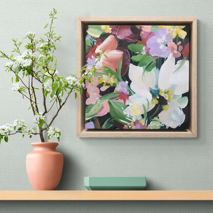 small burgundy, pink, white and green abstract flower painting with an oak frame