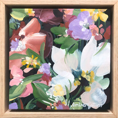 small burgundy, pink, white and green abstract flower painting with an oak frame