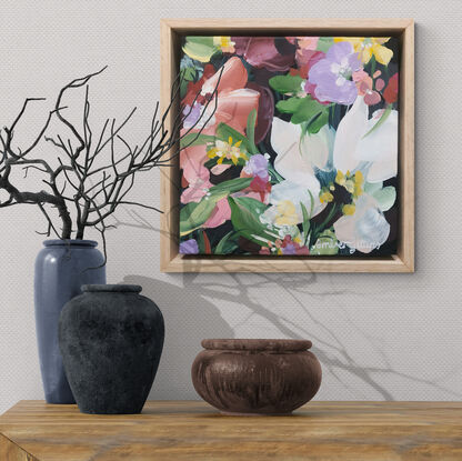 small burgundy, pink, white and green abstract flower painting with an oak frame