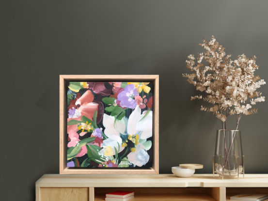 small burgundy, pink, white and green abstract flower painting with an oak frame