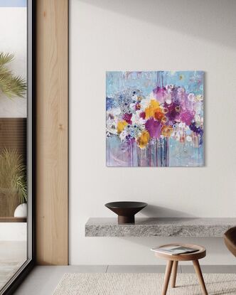 Many layers, marks and texture to bring an abstract expression of bright pink, yellow, white and blue flowers in a vase with a light blue surround. 