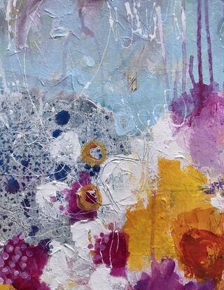 Many layers, marks and texture to bring an abstract expression of bright pink, yellow, white and blue flowers in a vase with a light blue surround. 