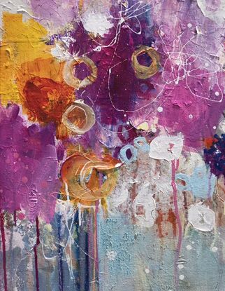 Many layers, marks and texture to bring an abstract expression of bright pink, yellow, white and blue flowers in a vase with a light blue surround. 