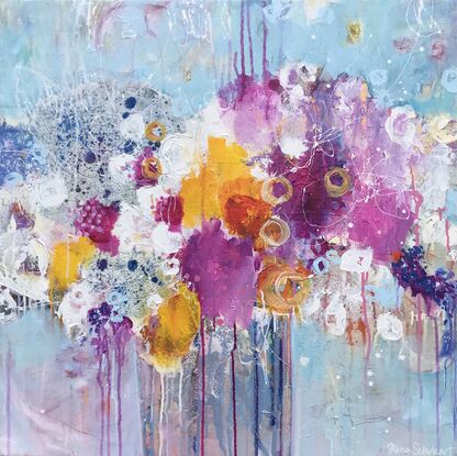 Many layers, marks and texture to bring an abstract expression of bright pink, yellow, white and blue flowers in a vase with a light blue surround. 