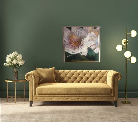 A peony giclee print on canvas with a raw oak floating frame