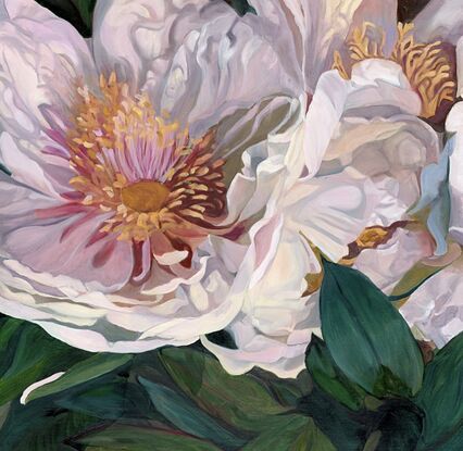 A peony giclee print on canvas with a raw oak floating frame