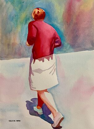 An artwork showing a woman walking along the road.