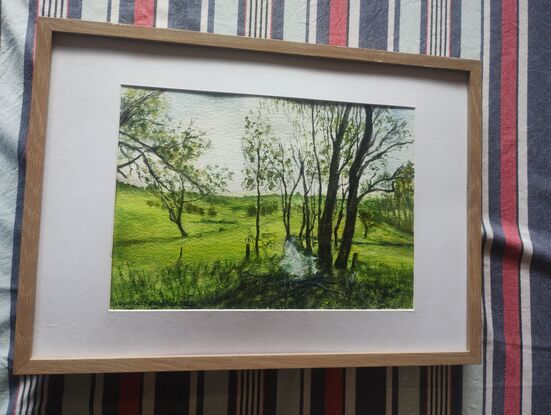 Peaceful country landscape. Heels  and fields A lot of trees. A creek flowing.  Sun is shining through the tree foliage.