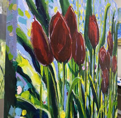 Brilliant dark red tulips sparkling with light in a field of dancing leaves. This is a slightly stylised and modern interpretation of a field of flowers that is unique and eye-catching. There is a transparency to some of the beautiful petals which intensifies the impression of light. The artwork has a playful feeling with its styled leaves and happy sparkles of colour. 