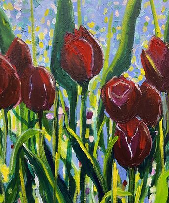 Brilliant dark red tulips sparkling with light in a field of dancing leaves. This is a slightly stylised and modern interpretation of a field of flowers that is unique and eye-catching. There is a transparency to some of the beautiful petals which intensifies the impression of light. The artwork has a playful feeling with its styled leaves and happy sparkles of colour. 