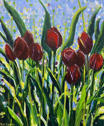 Brilliant dark red tulips sparkling with light in a field of dancing leaves. This is a slightly stylised and modern interpretation of a field of flowers that is unique and eye-catching. There is a transparency to some of the beautiful petals which intensifies the impression of light. The artwork has a playful feeling with its styled leaves and happy sparkles of colour. 