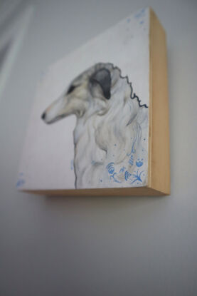 Painting of the profile of a borzoi dog on a white background. There are delft blue patterns in the corners that have iphone, wifi, bluetooth symbols instead of flowers.