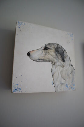 Painting of the profile of a borzoi dog on a white background. There are delft blue patterns in the corners that have iphone, wifi, bluetooth symbols instead of flowers.