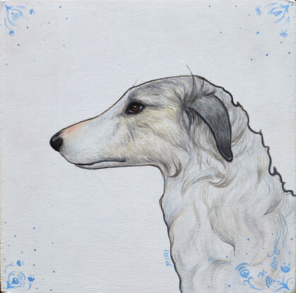 Painting of the profile of a borzoi dog on a white background. There are delft blue patterns in the corners that have iphone, wifi, bluetooth symbols instead of flowers.