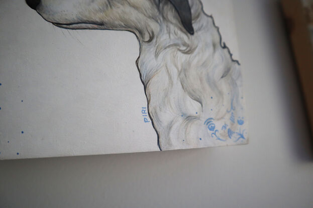 Painting of the profile of a borzoi dog on a white background. There are delft blue patterns in the corners that have iphone, wifi, bluetooth symbols instead of flowers.