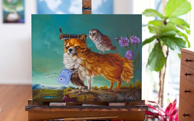 Pomeranian Dog with owls in the landscape