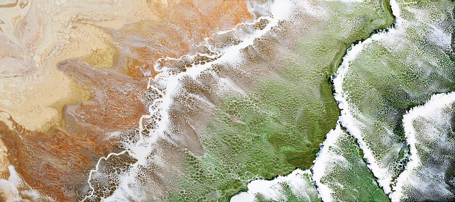 ABSTRACT painting that gives the impression of soothing ocean waves lapping in to soft sandy beach with slow easy waves creating crests of white..  The intricate mosaic pattern within the tonal jade green hues  plus the glimmering metallics adds added interest and intrigue like soft waves gathering in at shore.
The closer you get to the painting the more of the interesting details and patterns you can see. Metallics add an extra depth because the painting changes personality when one views from different angles.
although it is an impressionistic abstract, it still has a sense of motion of waves moving and frothing white shoreline