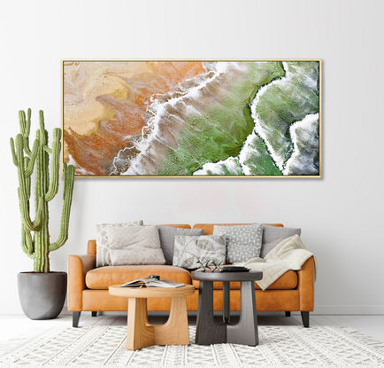 ABSTRACT painting that gives the impression of soothing ocean waves lapping in to soft sandy beach with slow easy waves creating crests of white..  The intricate mosaic pattern within the tonal jade green hues  plus the glimmering metallics adds added interest and intrigue like soft waves gathering in at shore.
The closer you get to the painting the more of the interesting details and patterns you can see. Metallics add an extra depth because the painting changes personality when one views from different angles.
although it is an impressionistic abstract, it still has a sense of motion of waves moving and frothing white shoreline