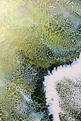 ABSTRACT painting that gives the impression of soothing ocean waves lapping in to soft sandy beach with slow easy waves creating crests of white..  The intricate mosaic pattern within the tonal jade green hues  plus the glimmering metallics adds added interest and intrigue like soft waves gathering in at shore.
The closer you get to the painting the more of the interesting details and patterns you can see. Metallics add an extra depth because the painting changes personality when one views from different angles.
although it is an impressionistic abstract, it still has a sense of motion of waves moving and frothing white shoreline