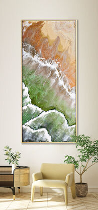 ABSTRACT painting that gives the impression of soothing ocean waves lapping in to soft sandy beach with slow easy waves creating crests of white..  The intricate mosaic pattern within the tonal jade green hues  plus the glimmering metallics adds added interest and intrigue like soft waves gathering in at shore.
The closer you get to the painting the more of the interesting details and patterns you can see. Metallics add an extra depth because the painting changes personality when one views from different angles.
although it is an impressionistic abstract, it still has a sense of motion of waves moving and frothing white shoreline