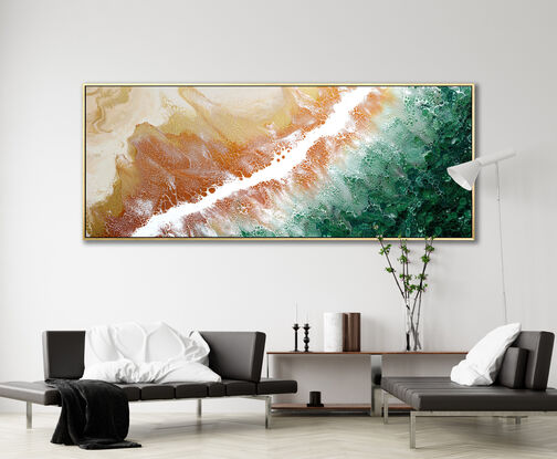 ABSTRACT painting that gives the impression of soothing ocean waves contrasted to the red earth of WEstern Australia!..  The intricate mosaic pattern within the tonal blue emerald green and teal and the glimmering metallics adds added interest and intrigue.
The closer you get to the painting the more of the interesting details and patterns you can see. Metallics add an extra depth because the painting changes personality when one views from different angles and in different light .
although it is an impressionistic abstract, it still has a sense of motion of waves moving and frothing white