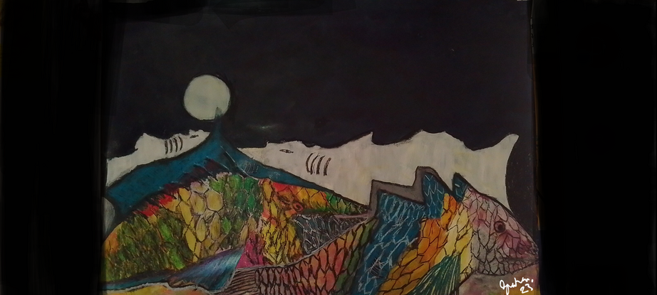 This painting describes the passion two large, colourful reef fish experience upon the the appearance of the full moon overhead.