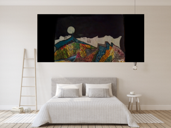 This painting describes the passion two large, colourful reef fish experience upon the the appearance of the full moon overhead.